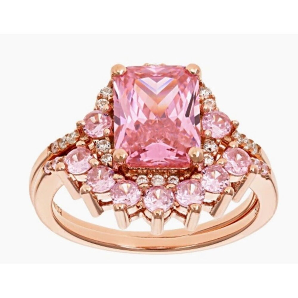 JTV Pink + White CZ 18k Rose Gold Over Sterling Silver Ring Set 5.25ctw Size 7